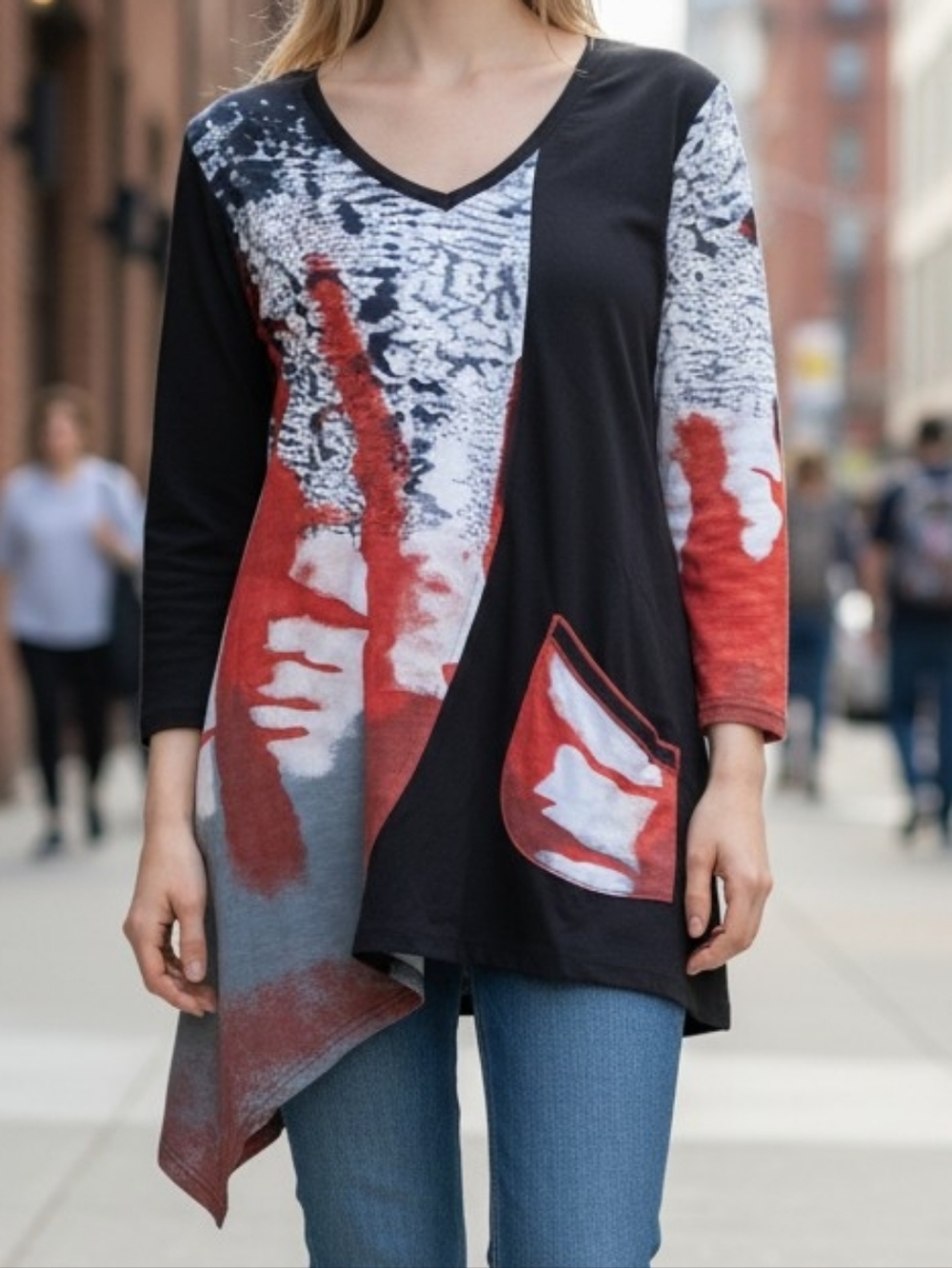 NEW! Parsley & Sage Black Tunic with Red and White Abstract Panels 4470